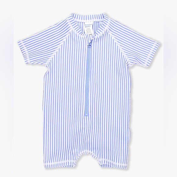 Ruffle Butts Short Sleeve One Piece Rash Guard Blue Seersucker 3-6 - Picture 1 of 4